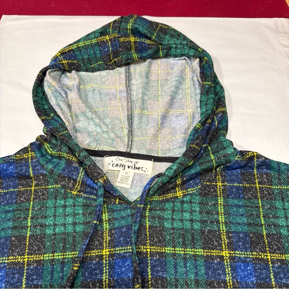 GREEN BLACK YELLOW wide PLAID HOODIE NEW sweater Cozy Vibes Tunic Women’s  2xl - Picture 5 of 12